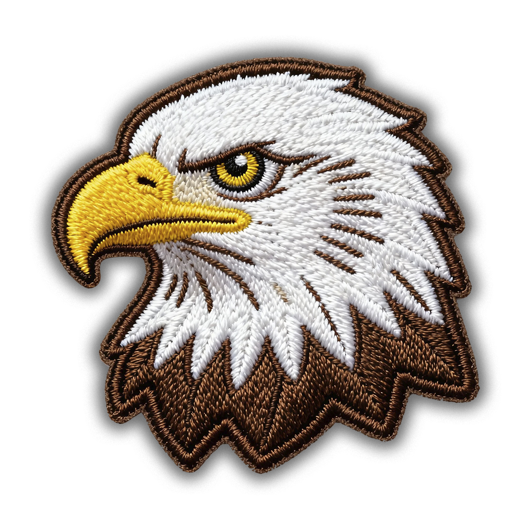Detailed embroidered profile view of an American Bald Eagle head with realistic brown, white, and gold feathers.